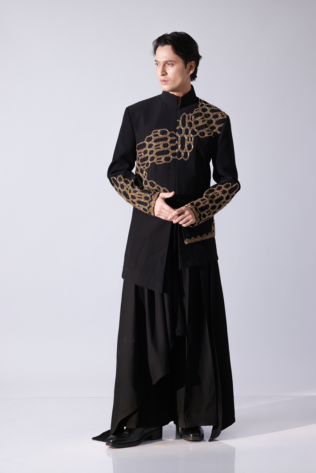 COAT - Black layered asymetrical hem bandgala with honeycomb embroi
