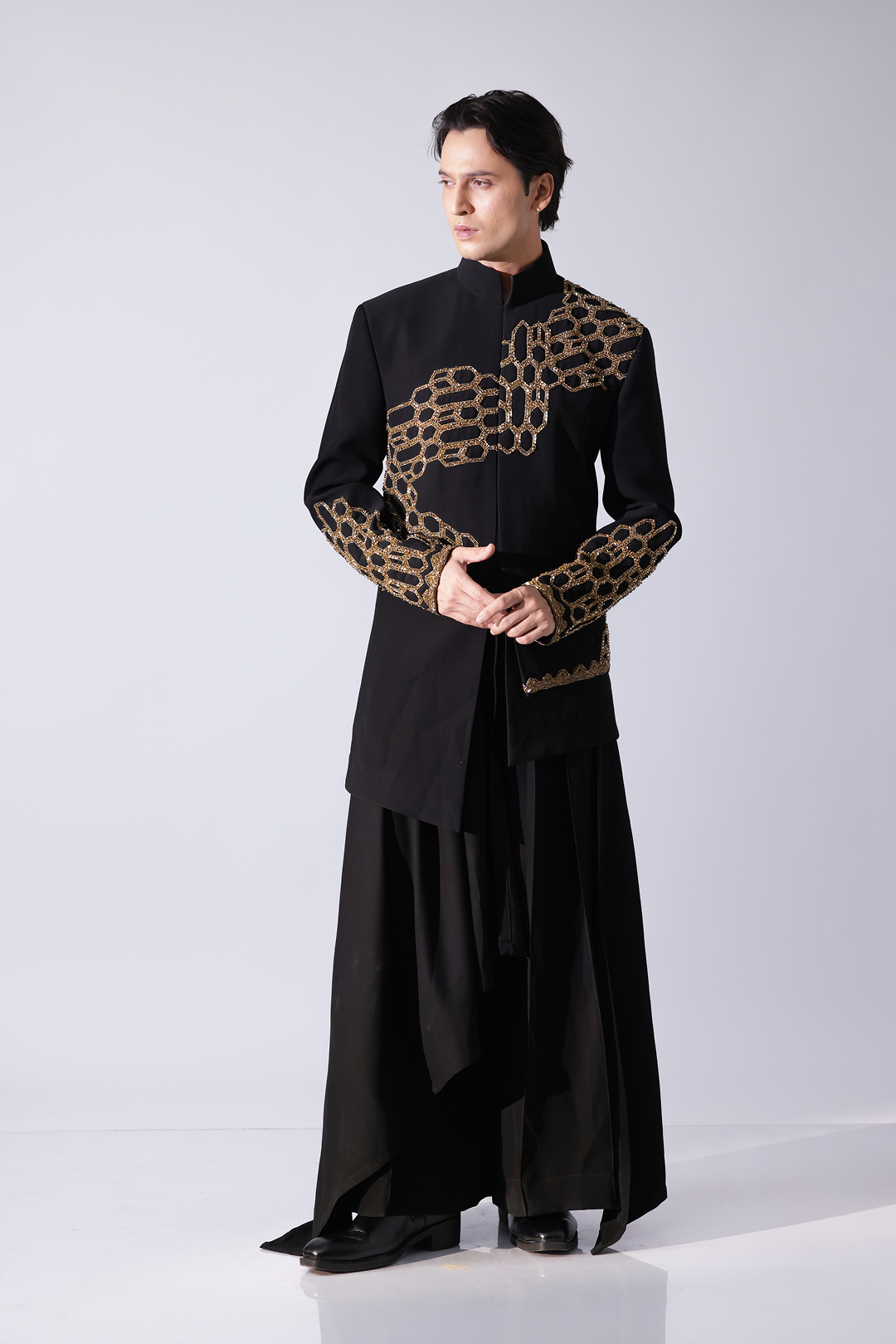 COAT - Black layered asymetrical hem bandgala with honeycomb embroi