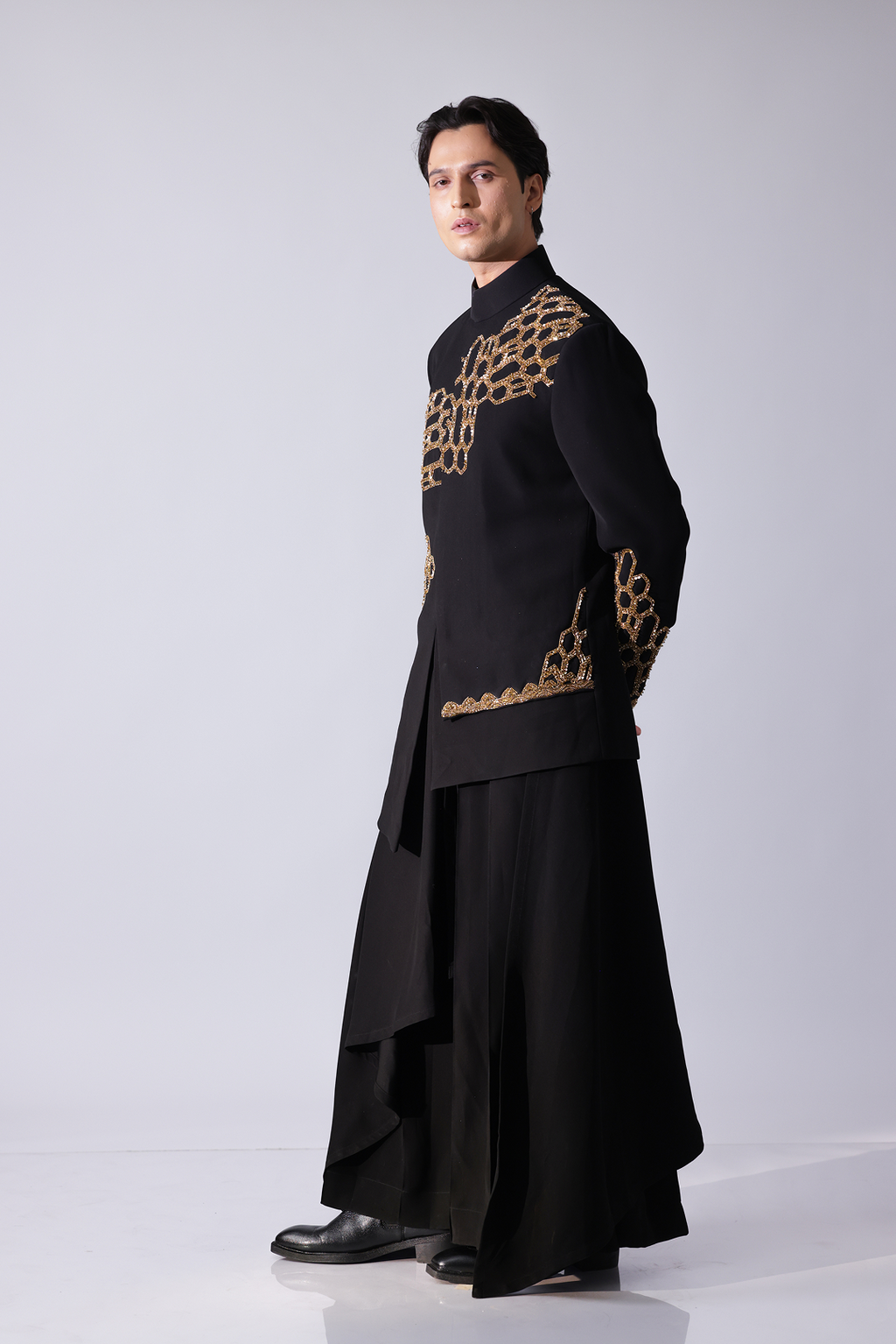 COAT - Black layered asymetrical hem bandgala with honeycomb embroi