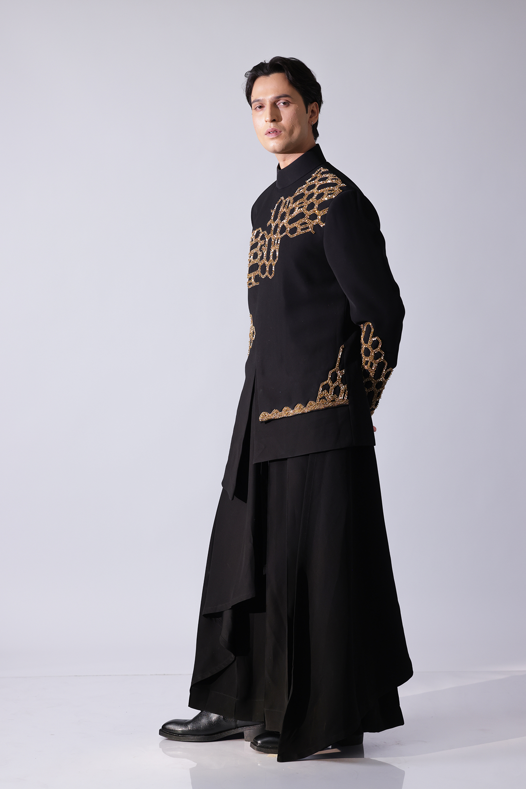 COAT - Black layered asymetrical hem bandgala with honeycomb embroi