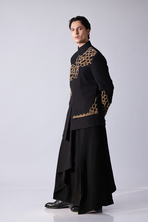 COAT - Black layered asymetrical hem bandgala with honeycomb embroi