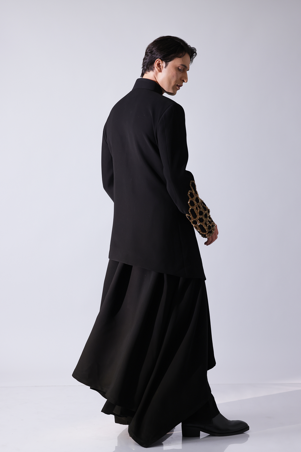 COAT - Black layered asymetrical hem bandgala with honeycomb embroi