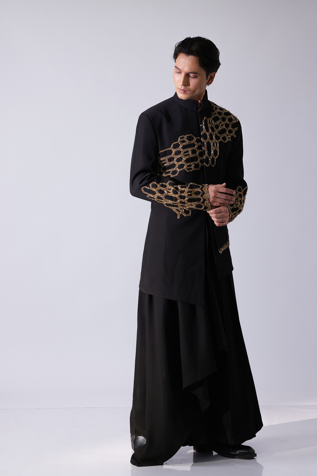 COAT - Black layered asymetrical hem bandgala with honeycomb embroi