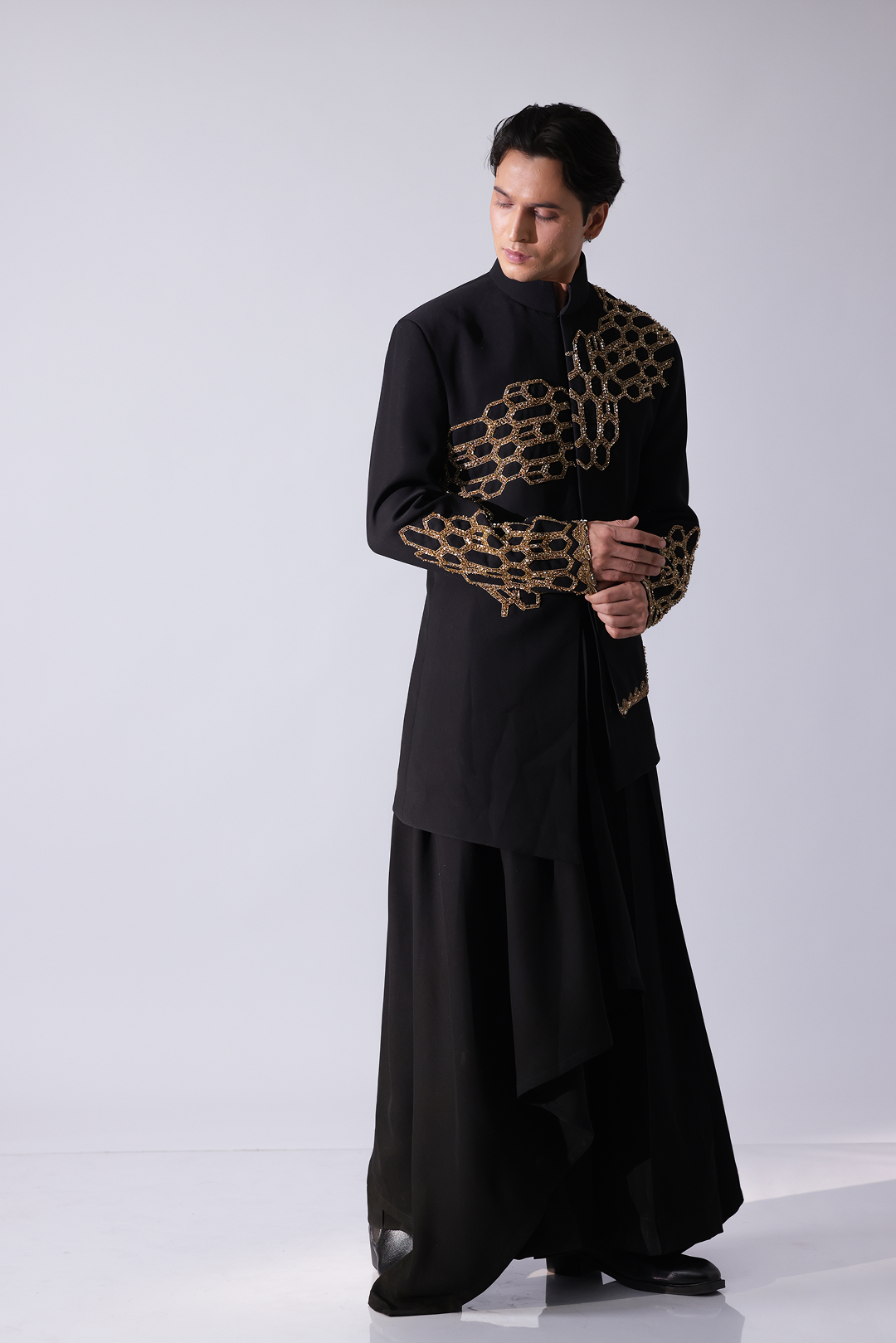 COAT - Black layered asymetrical hem bandgala with honeycomb embroi