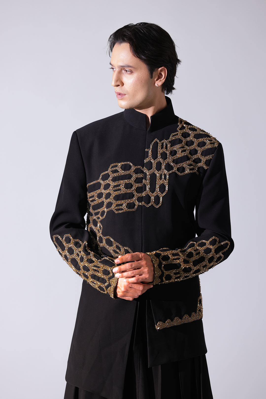 COAT - Black layered asymetrical hem bandgala with honeycomb embroi