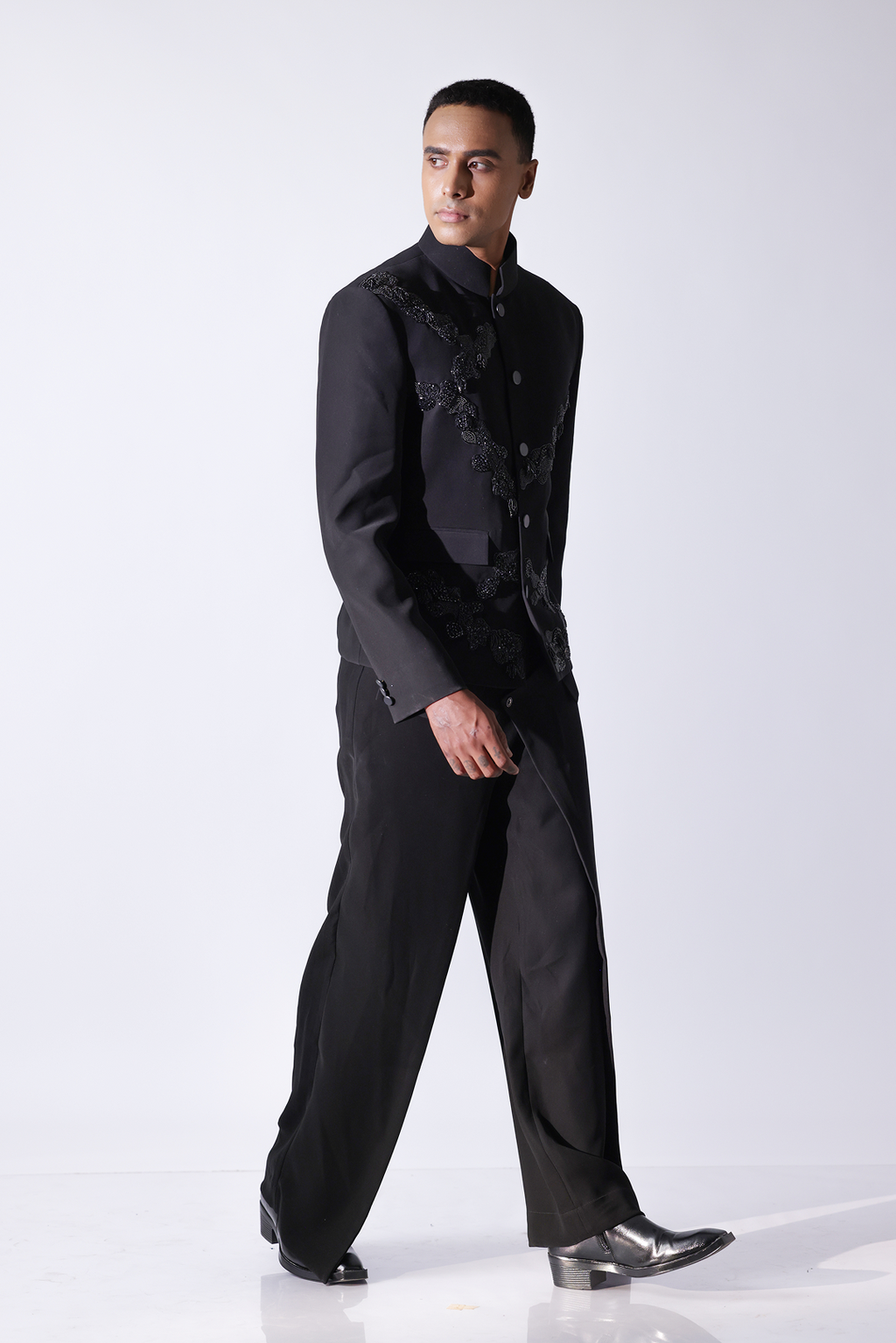 Black short bandhgala jacket in ornamental patterns