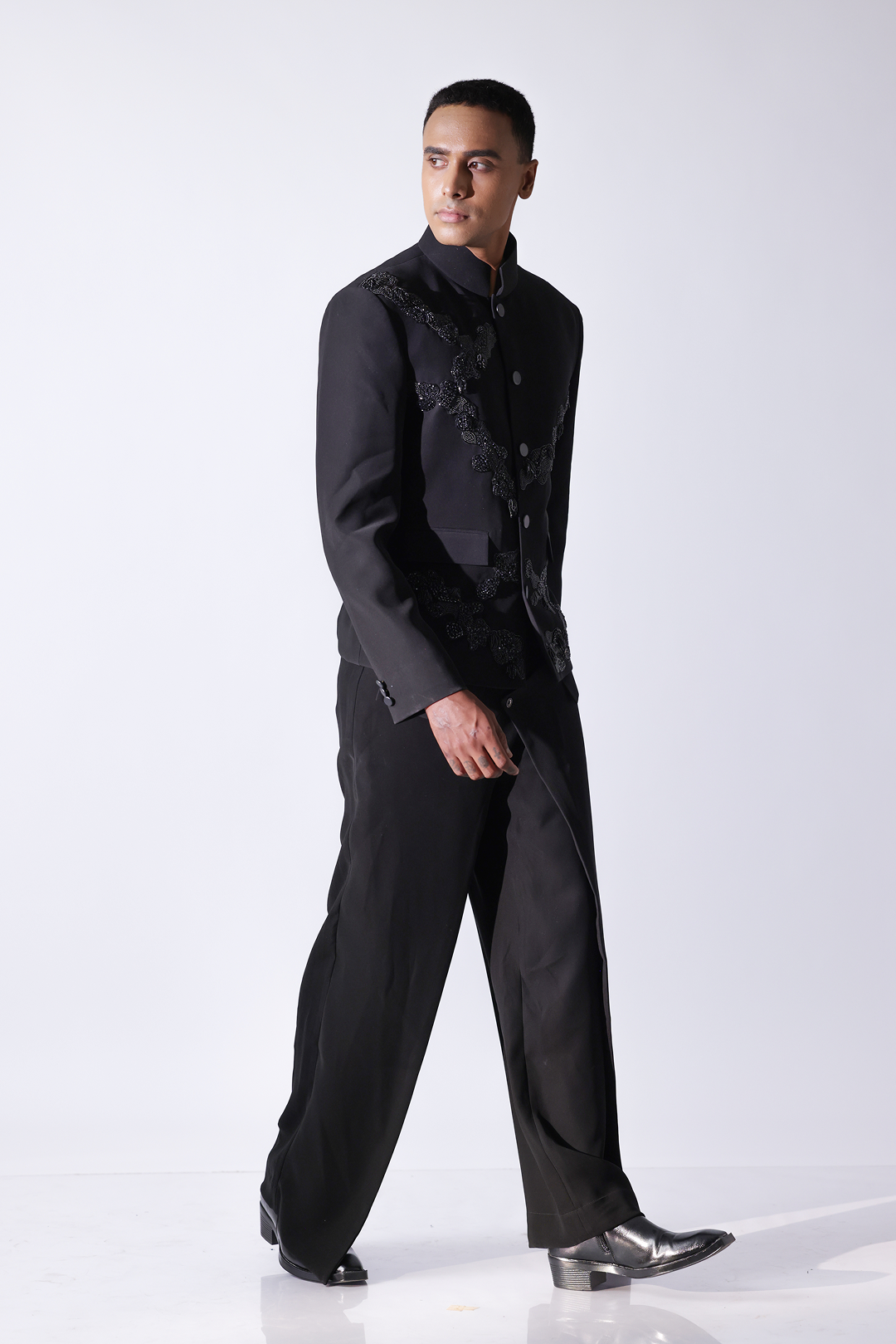 Black short bandhgala jacket in ornamental patterns