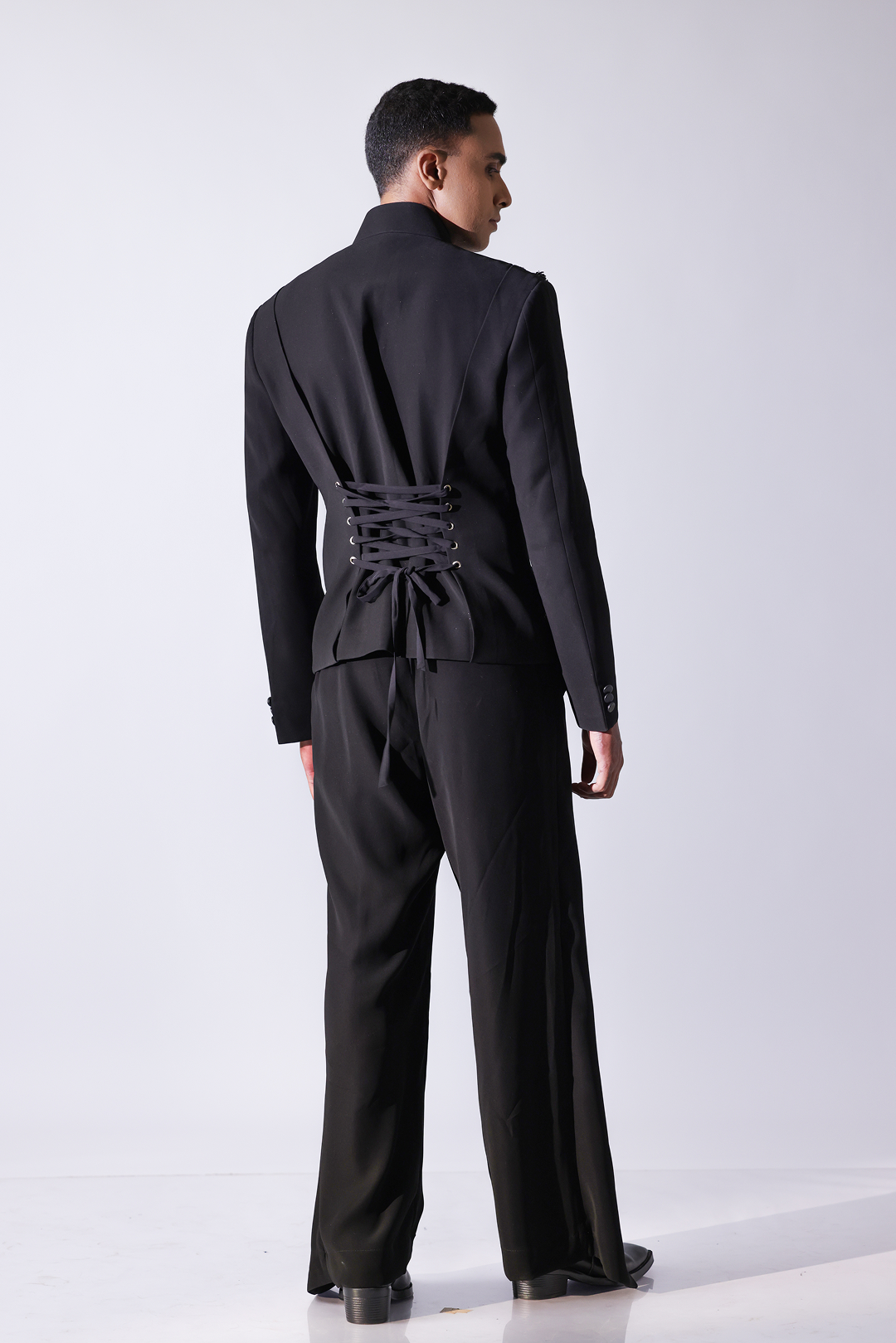 Black short bandhgala jacket in ornamental patterns