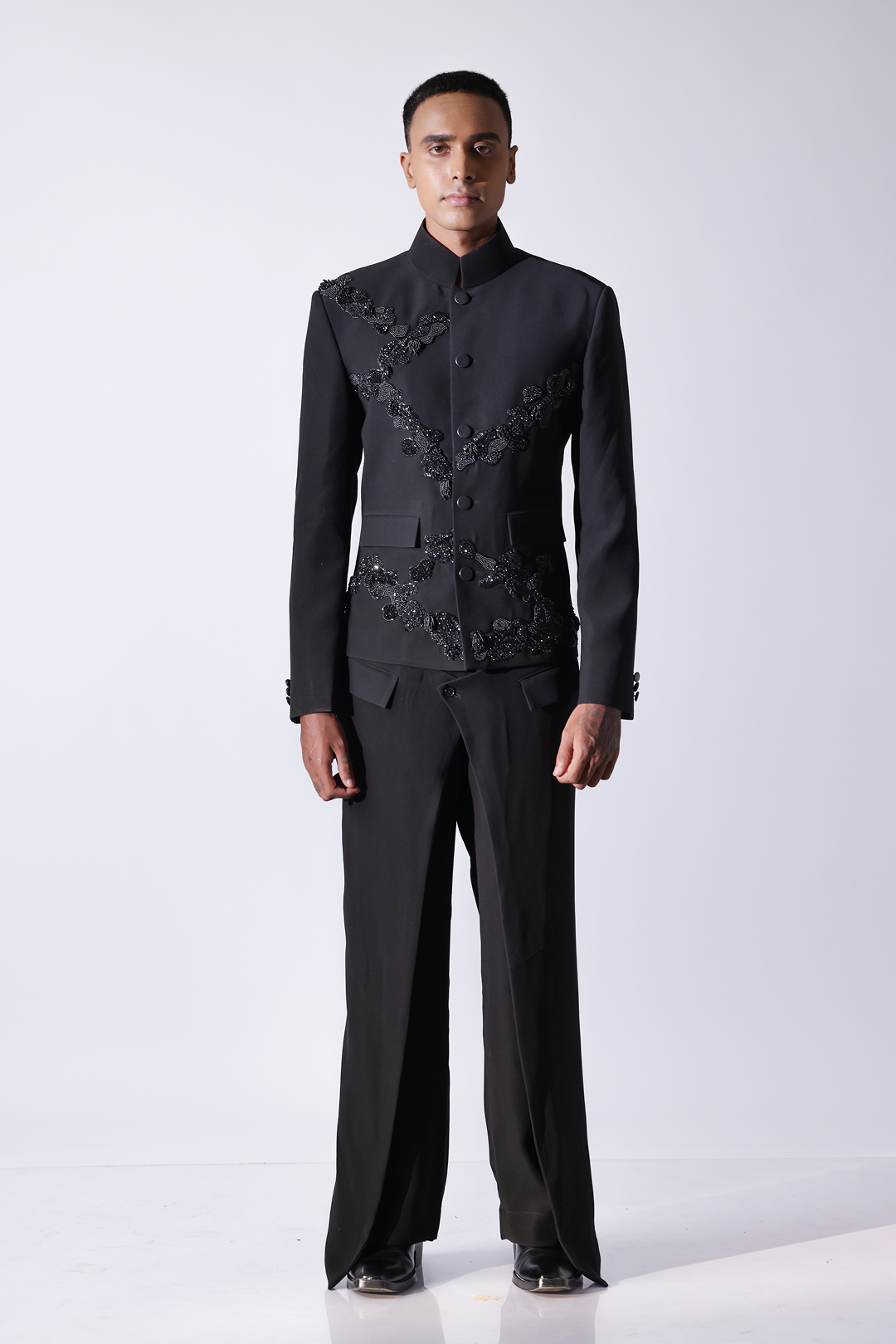 Black short bandhgala jacket in ornamental patterns