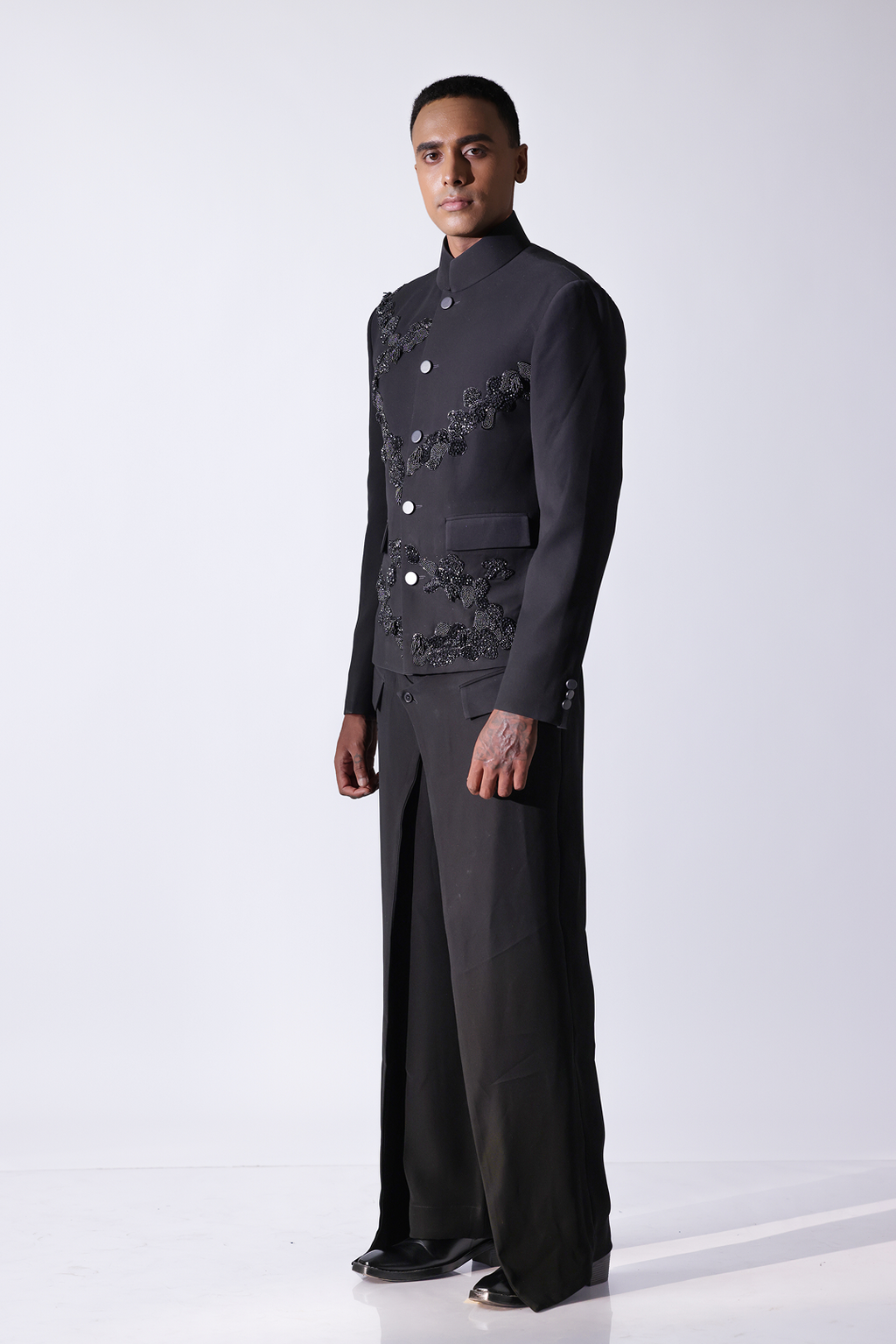 Black short bandhgala jacket in ornamental patterns