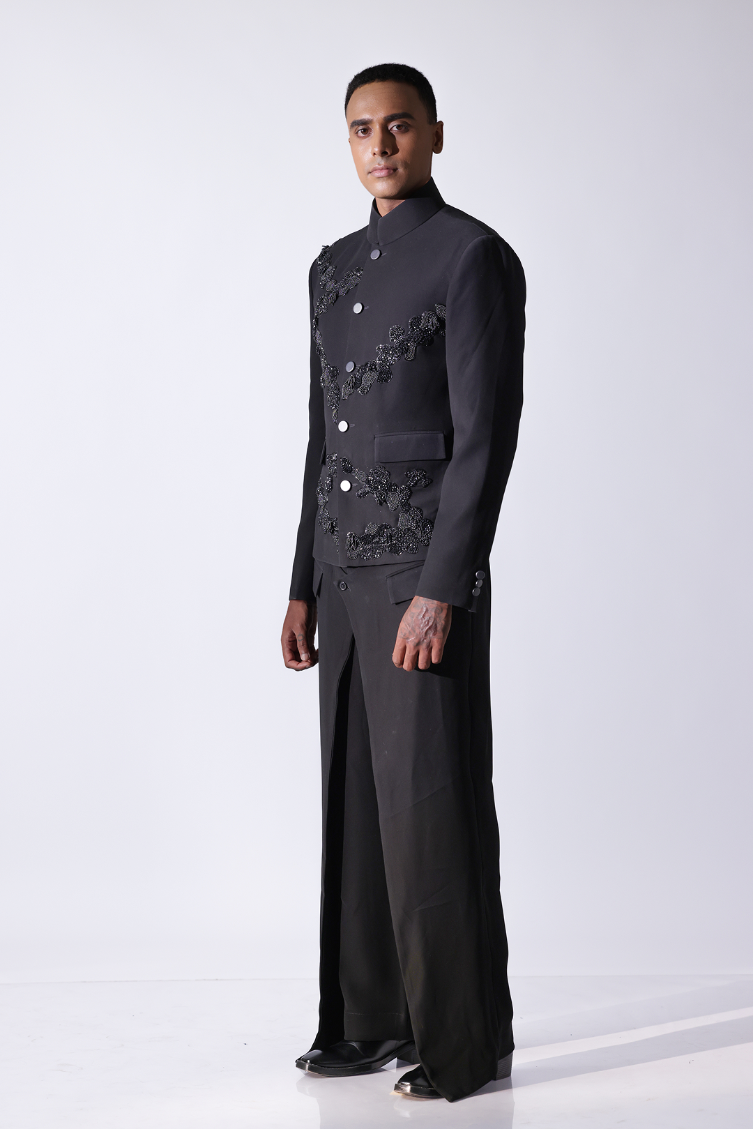 Black short bandhgala jacket in ornamental patterns