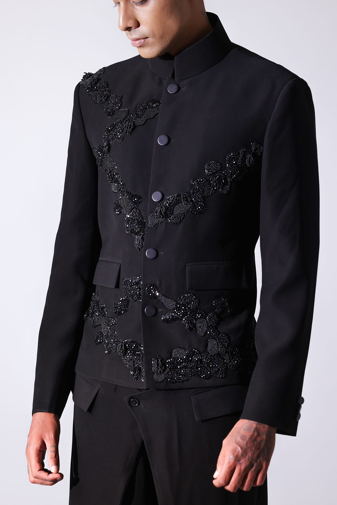 Black short bandhgala jacket in ornamental patterns