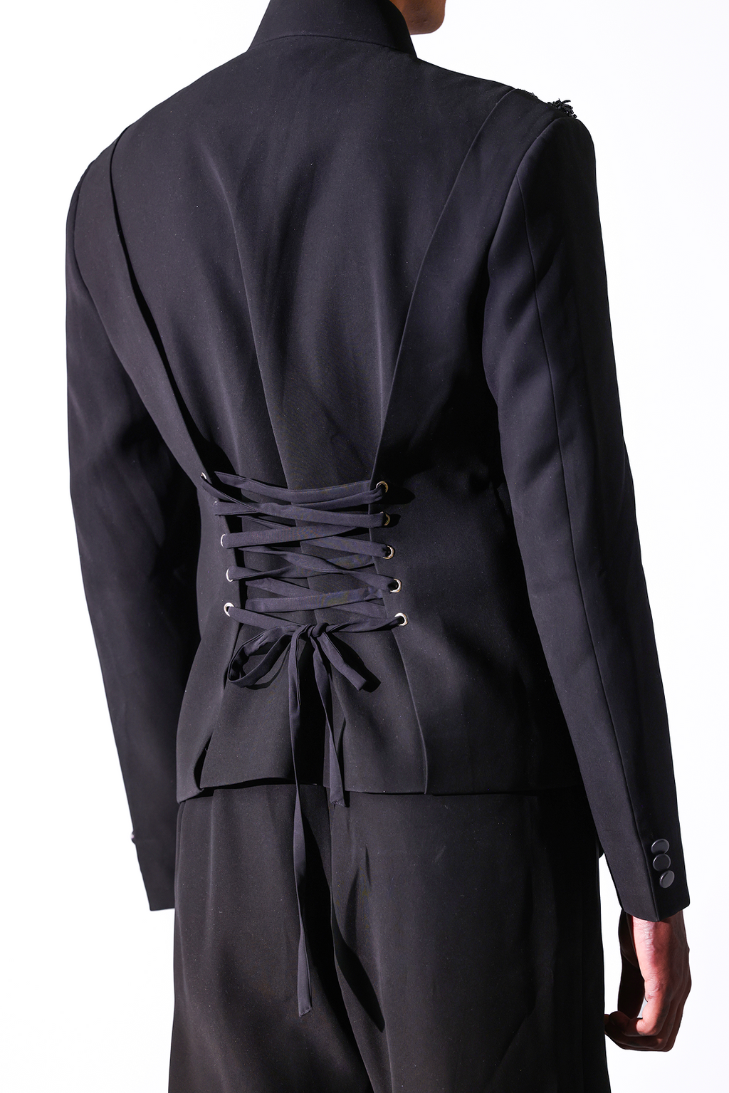 Black short bandhgala jacket in ornamental patterns