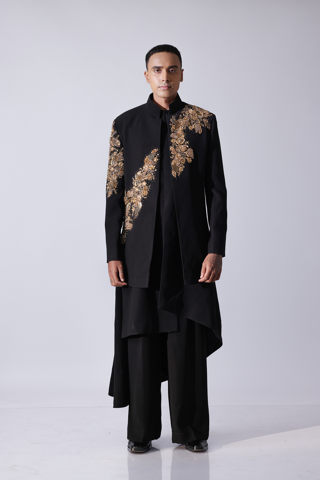 SHERWANI - Black openstyle sherwani with gold 3D floral embroidery
