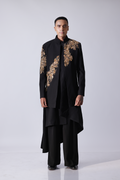 SHERWANI - Black openstyle sherwani with gold 3D floral embroidery
