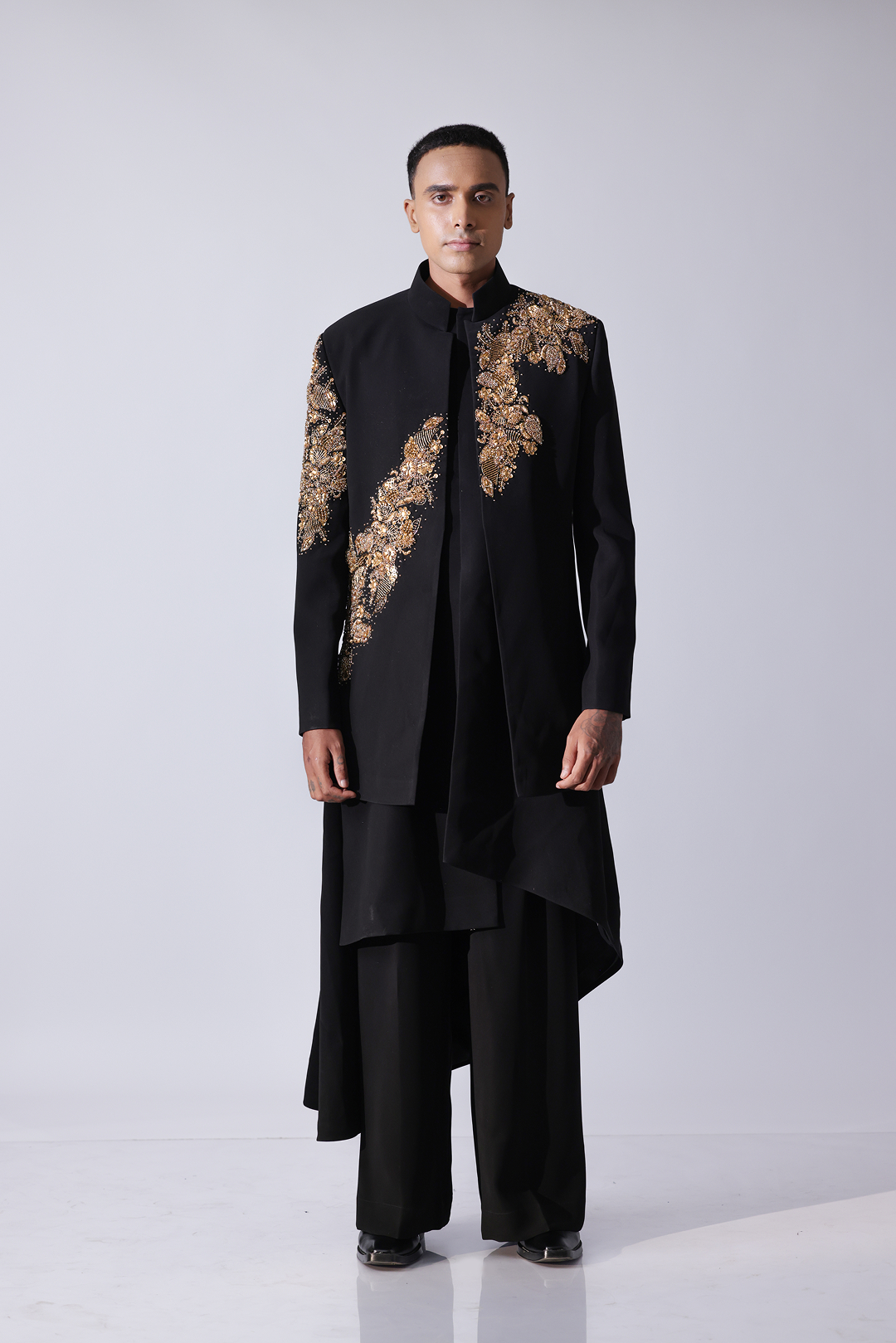 SHERWANI - Black openstyle sherwani with gold 3D floral embroidery