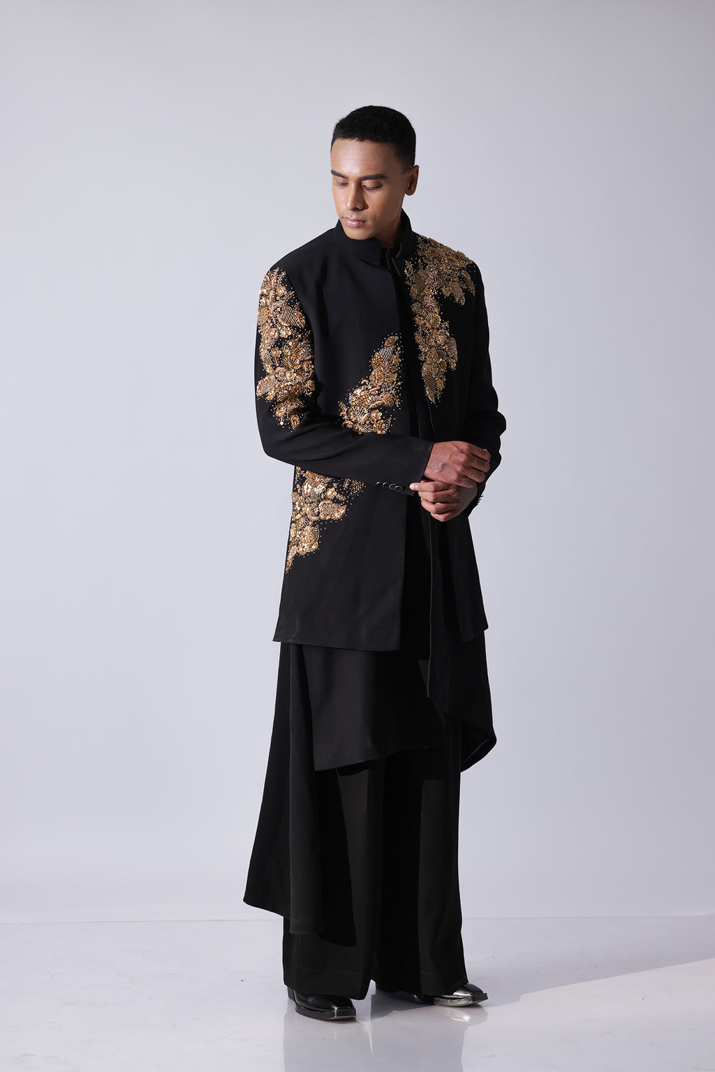 SHERWANI - Black openstyle sherwani with gold 3D floral embroidery