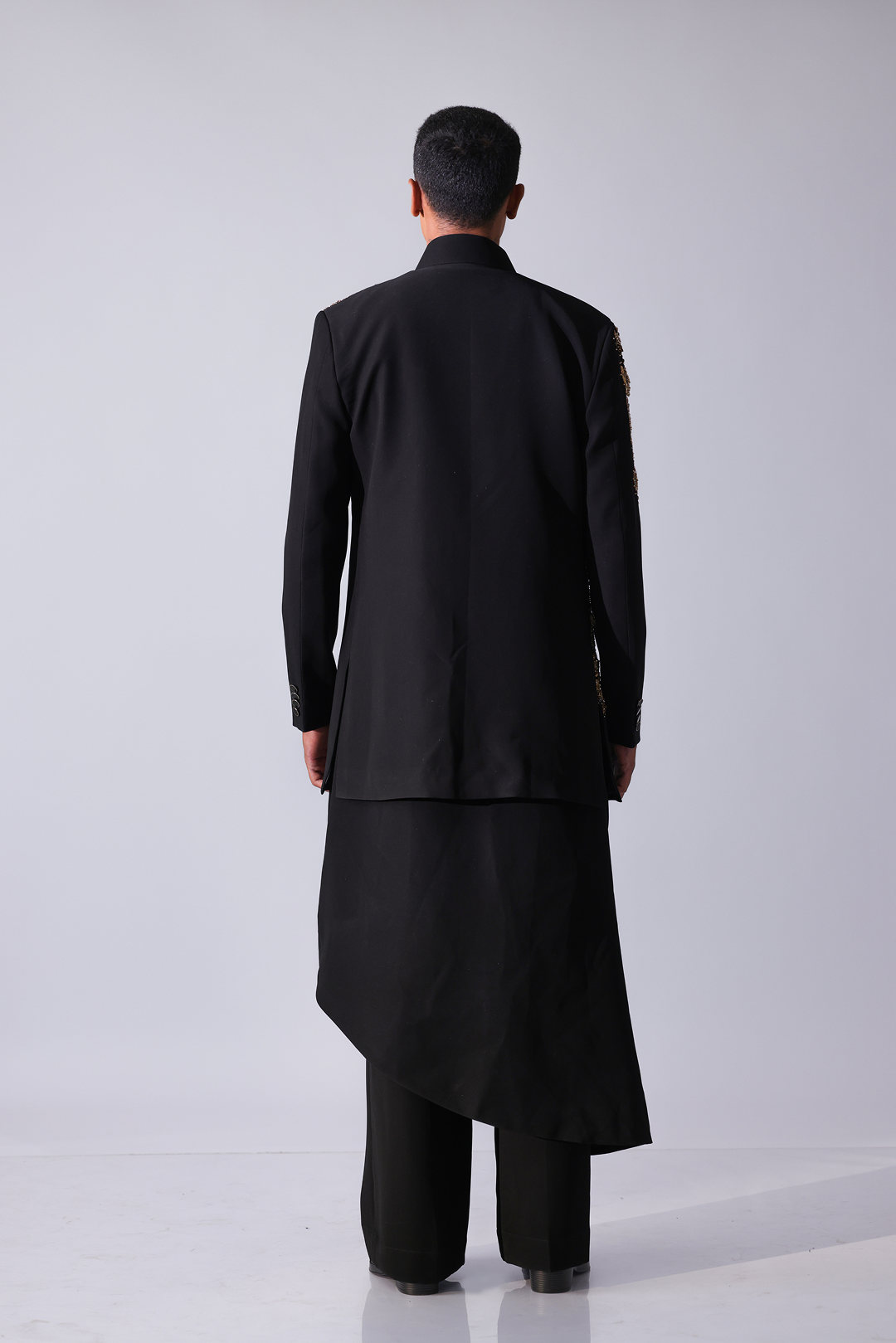 SHERWANI - Black openstyle sherwani with gold 3D floral embroidery