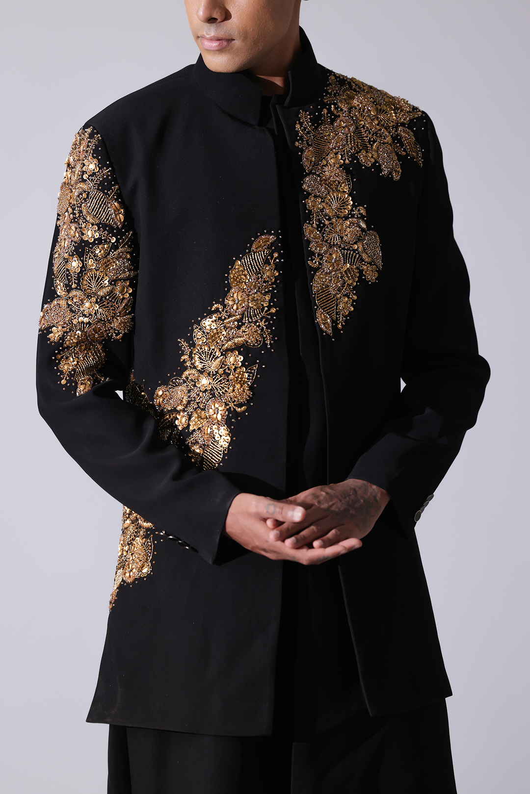 SHERWANI - Black openstyle sherwani with gold 3D floral embroidery