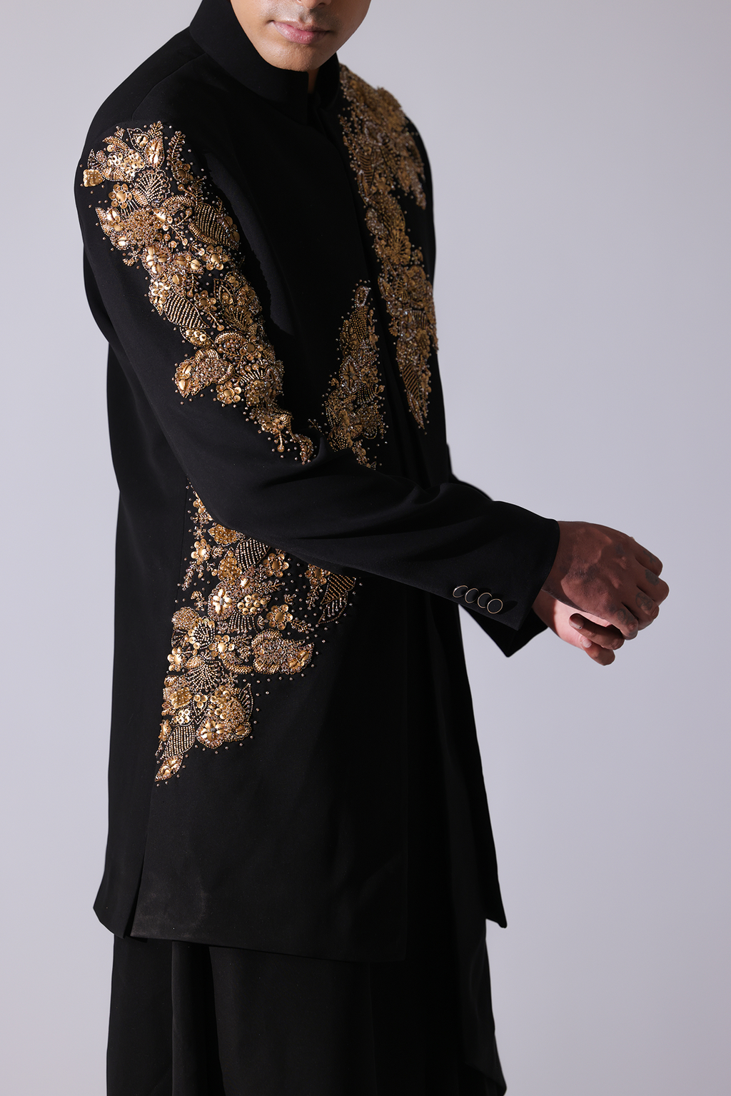SHERWANI - Black openstyle sherwani with gold 3D floral embroidery