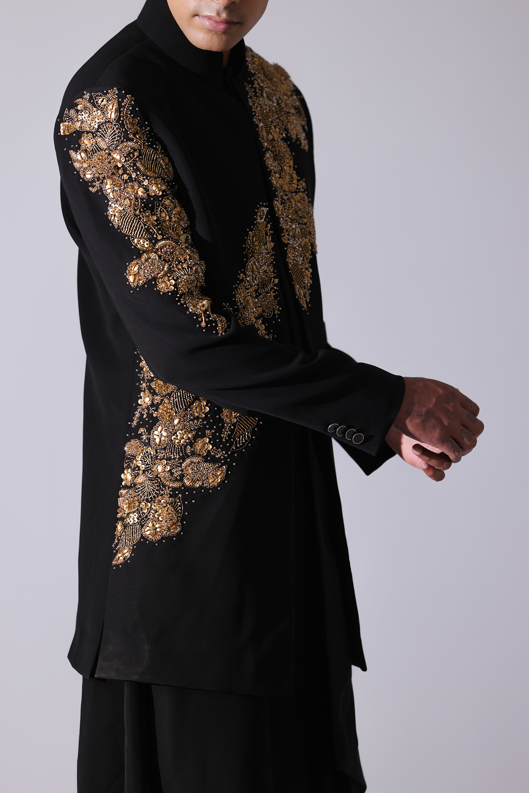 SHERWANI - Black openstyle sherwani with gold 3D floral embroidery