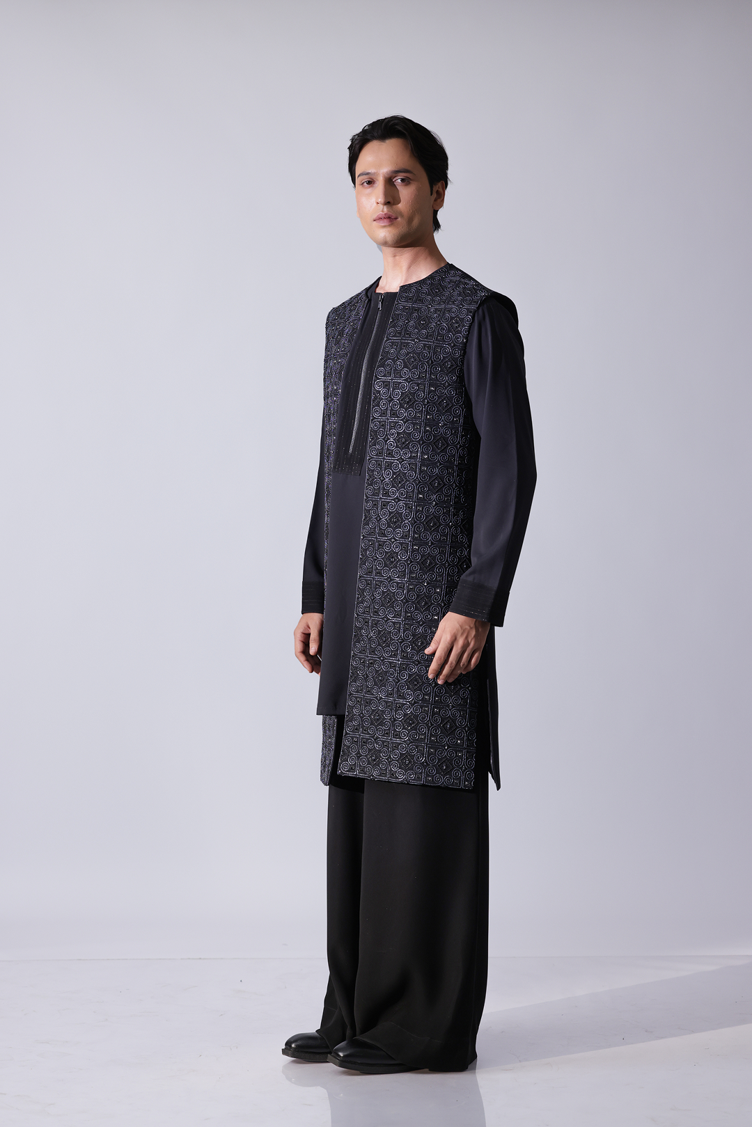 LONG BANDI - Black cupro round neck long bandi with full front self colou