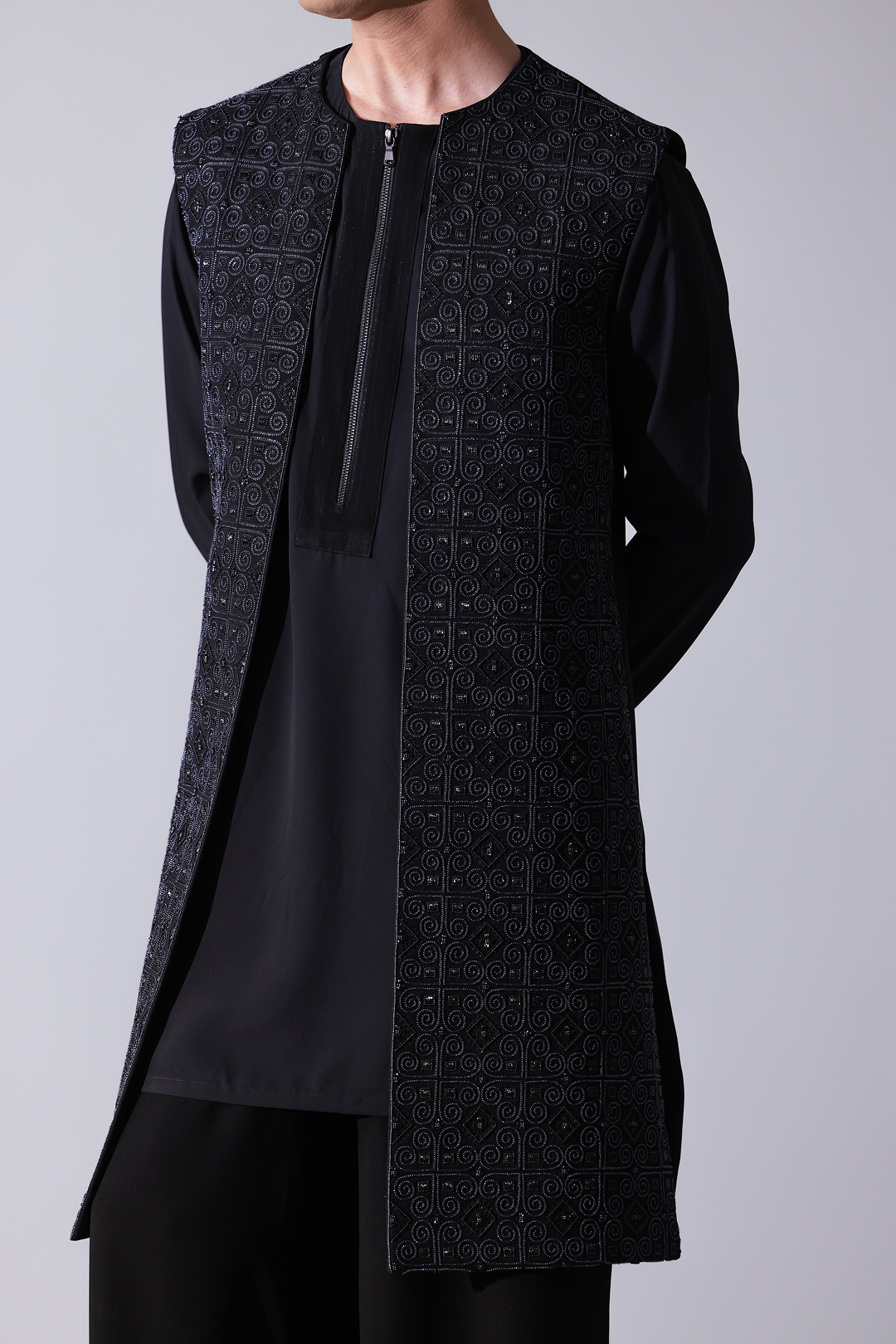 LONG BANDI - Black cupro round neck long bandi with full front self colou