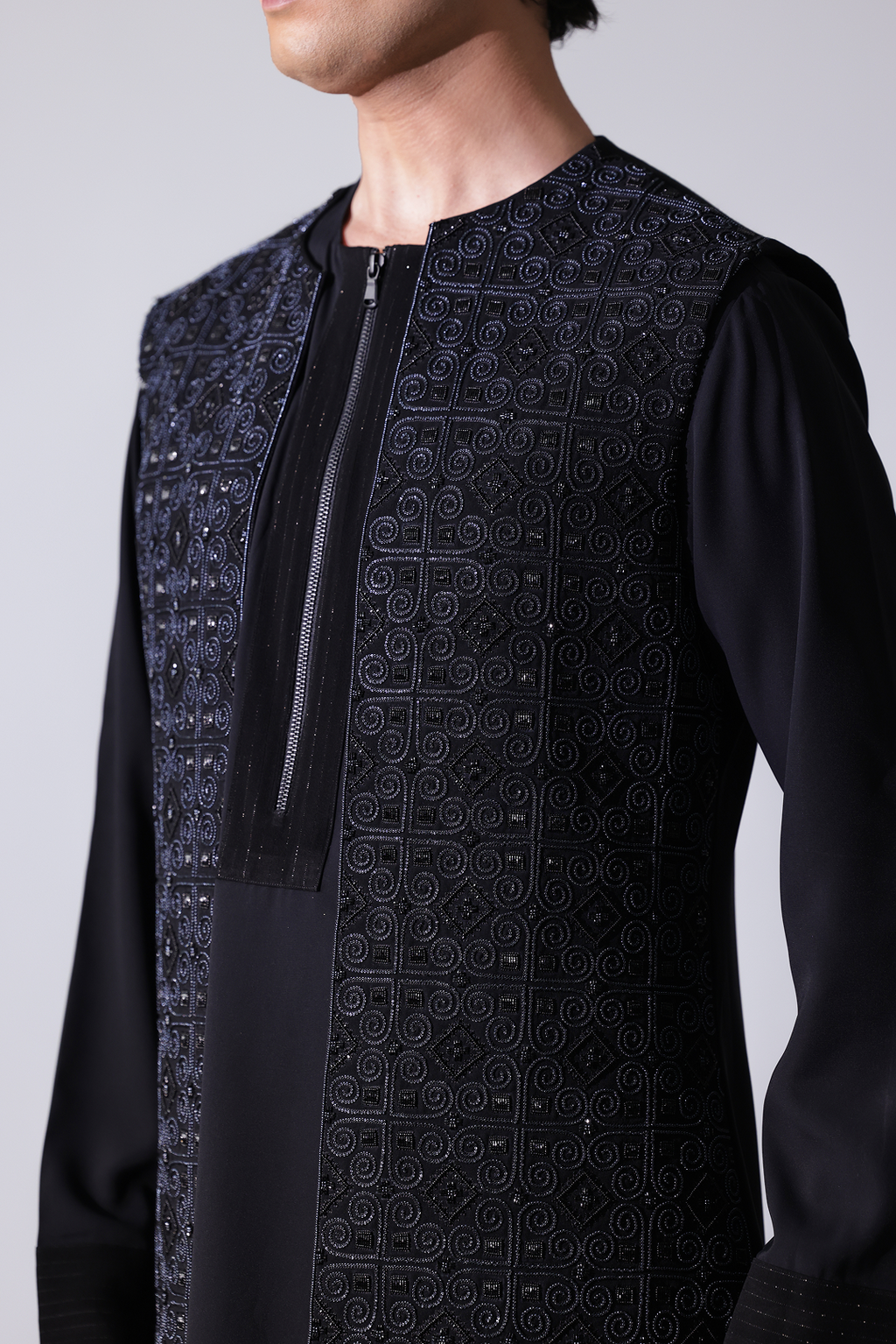 LONG BANDI - Black cupro round neck long bandi with full front self colou