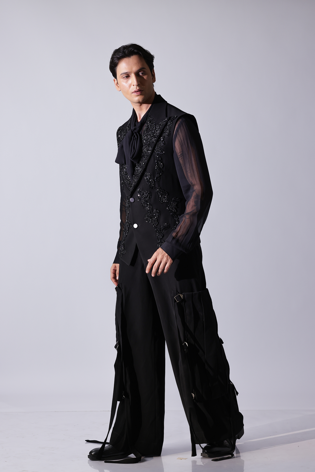 WAISTCOAT - Black waistcoat with tonal embellishment