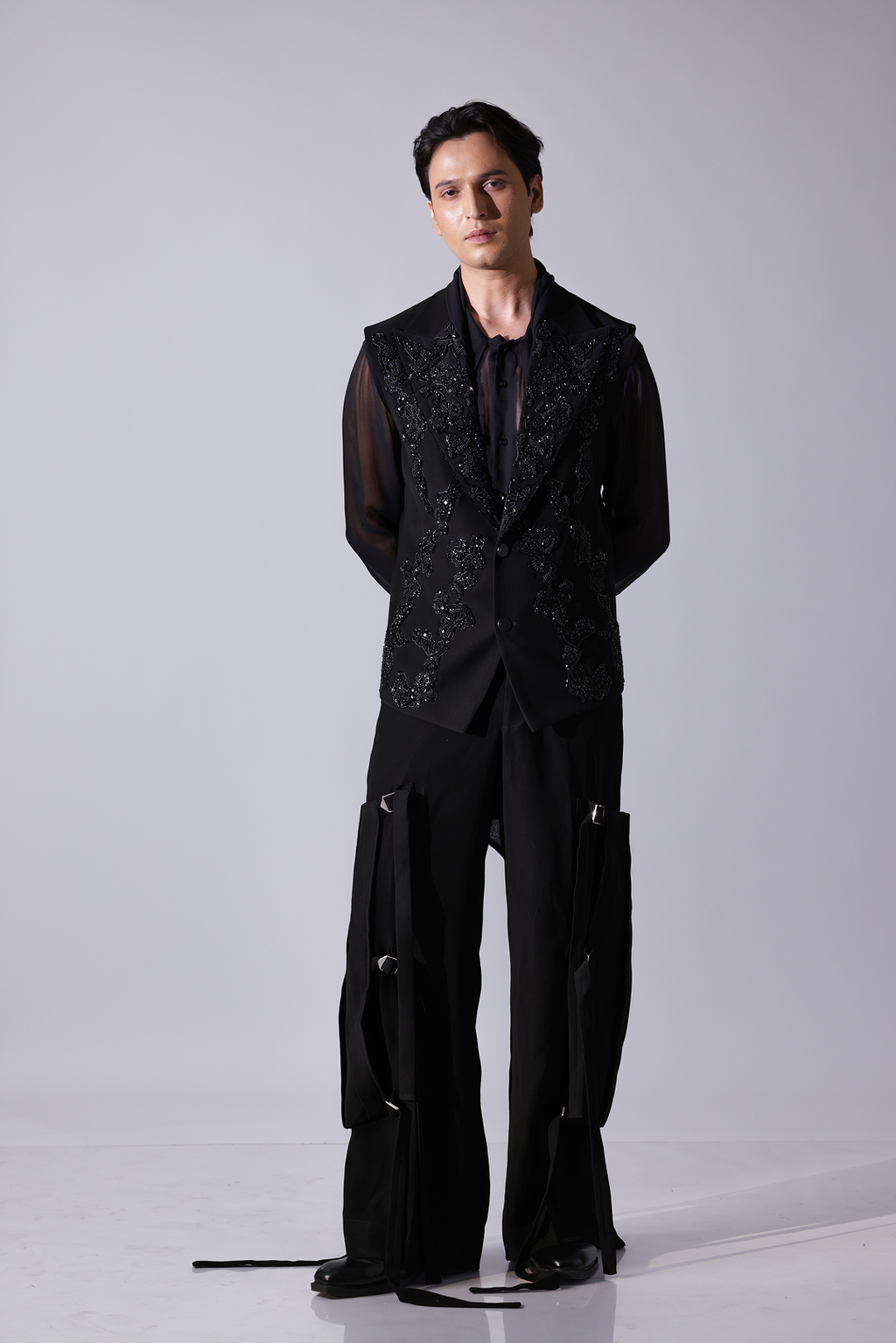 WAISTCOAT - Black waistcoat with tonal embellishment