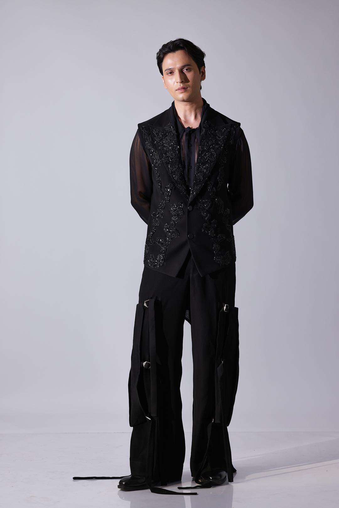 WAISTCOAT - Black waistcoat with tonal embellishment