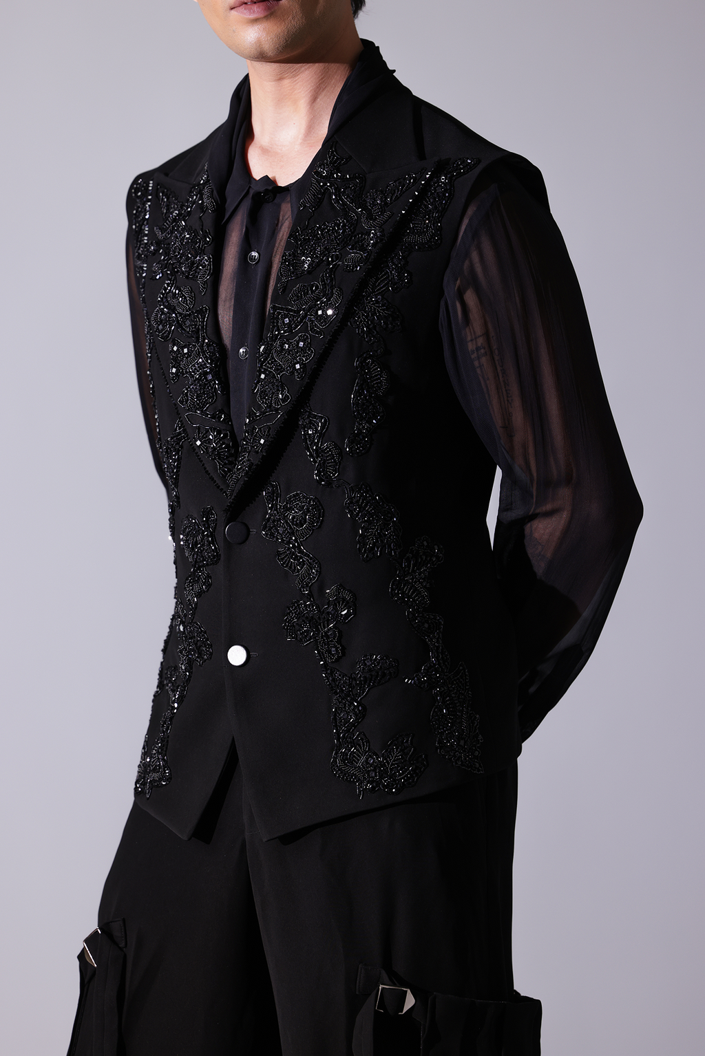 WAISTCOAT - Black waistcoat with tonal embellishment