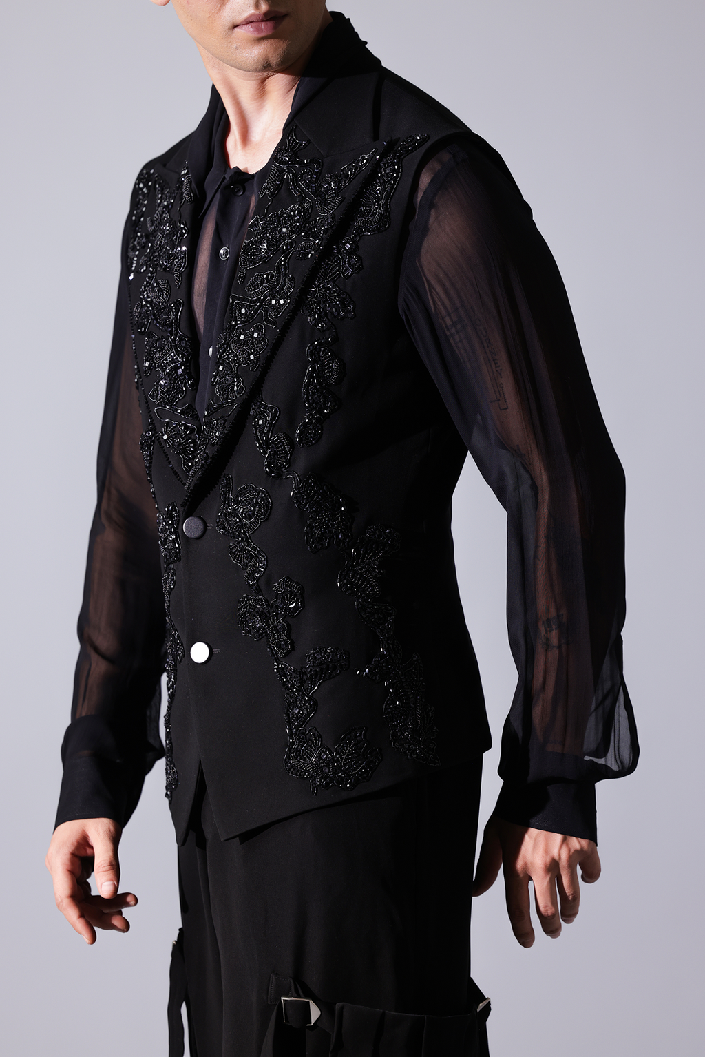 WAISTCOAT - Black waistcoat with tonal embellishment