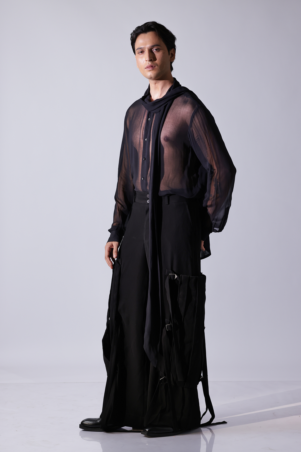 LONG BANDI - Black cupro round neck long bandi with full front self colou