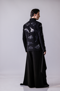 COAT - Black zipper bandgala with iridescent embroidery motifs