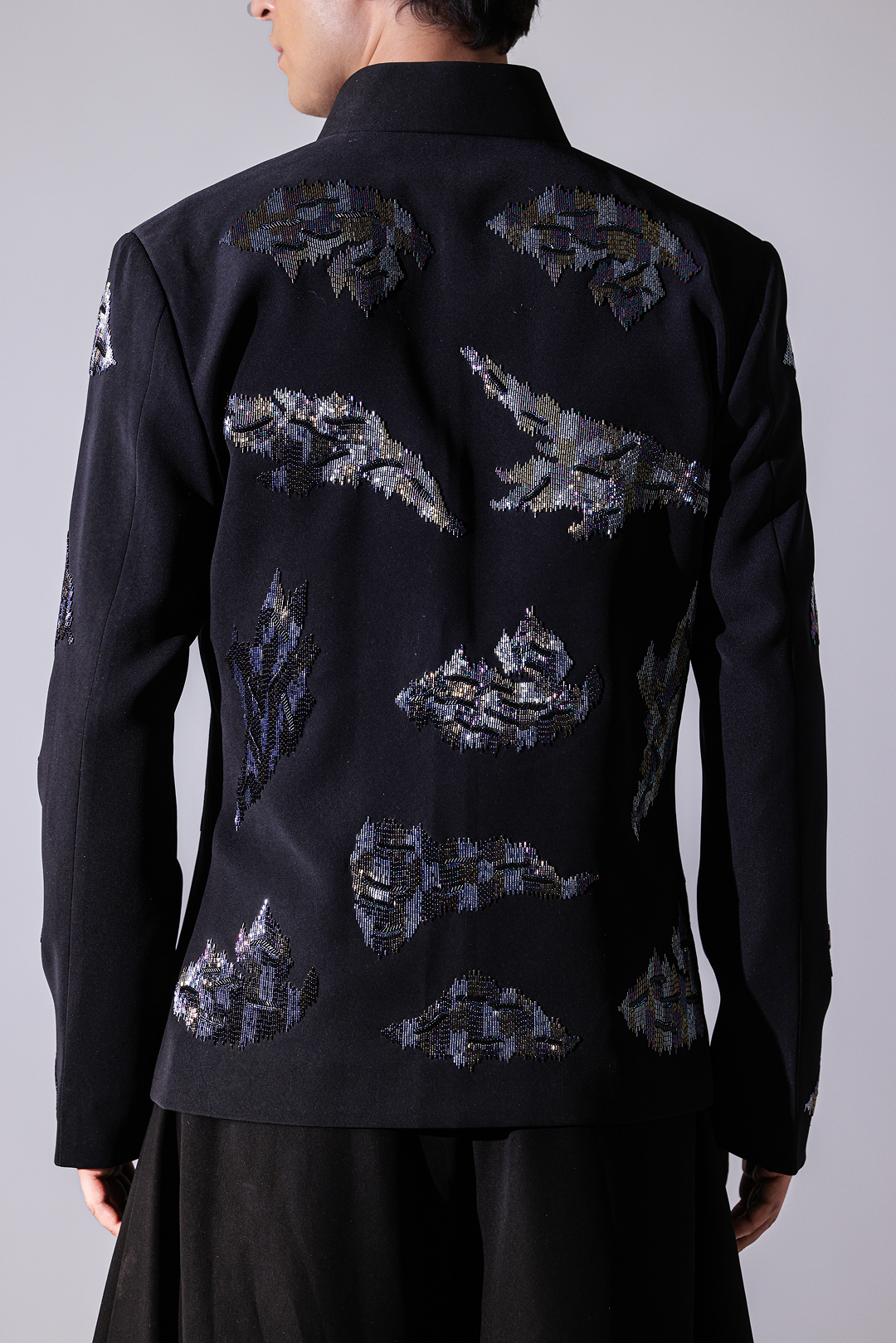 COAT - Black zipper bandgala with iridescent embroidery motifs