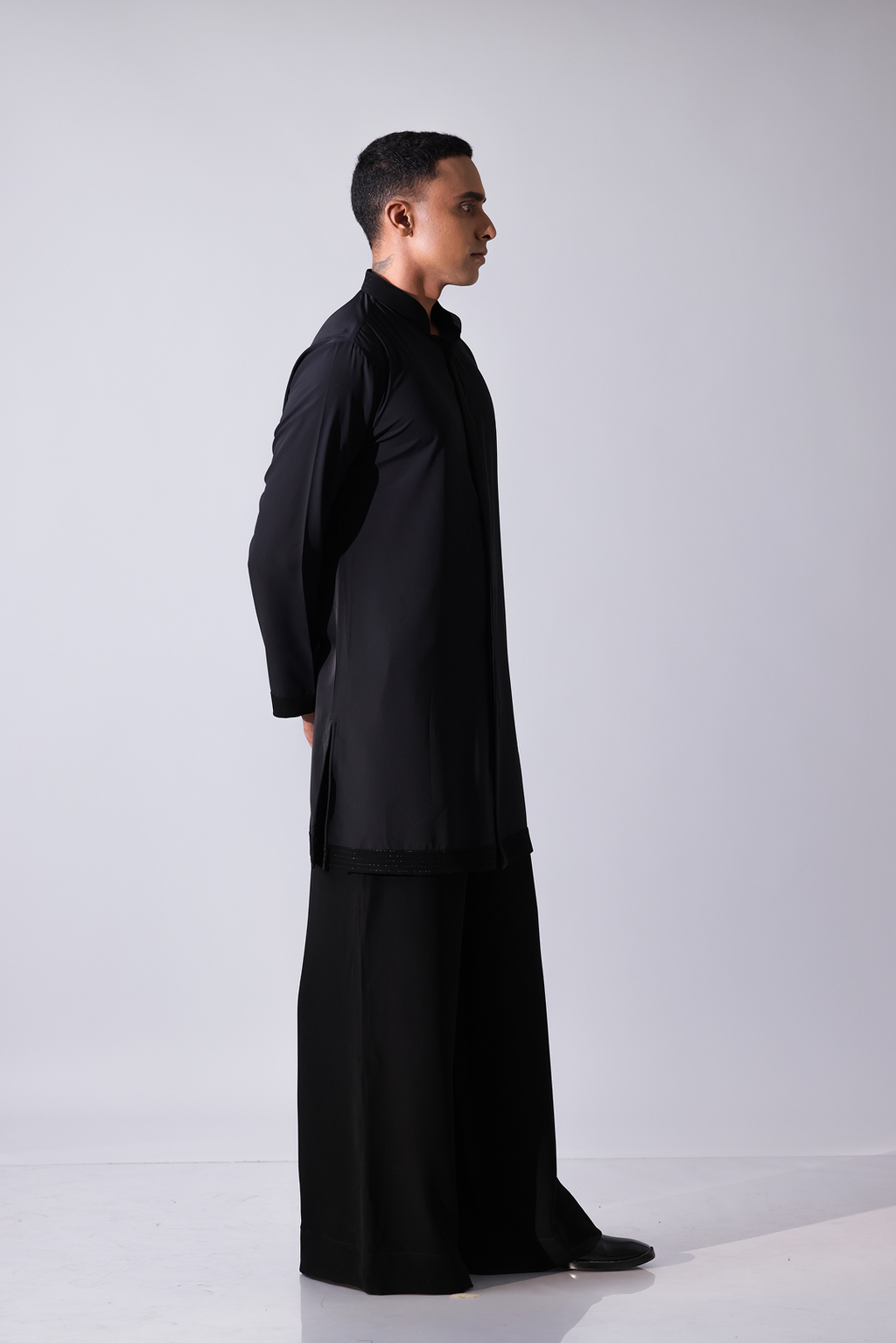 KURTA - Black sherwani style kurta with black stripe detailing