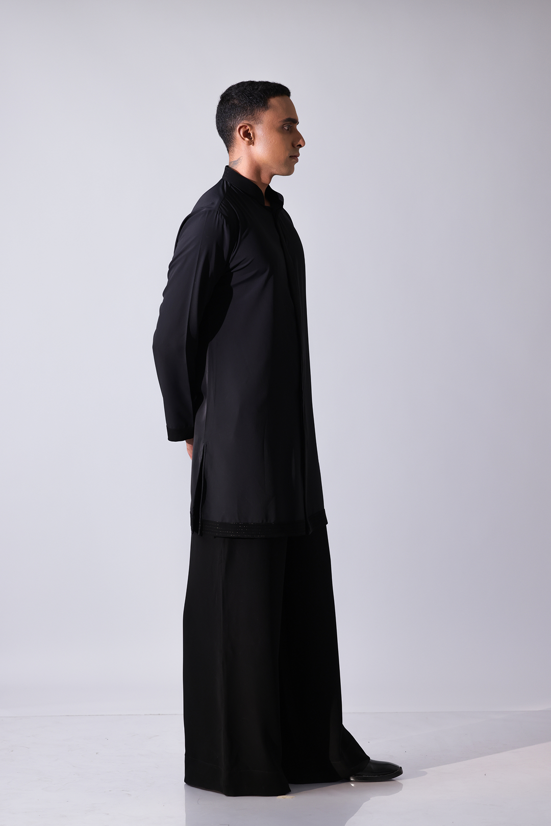 KURTA - Black sherwani style kurta with black stripe detailing