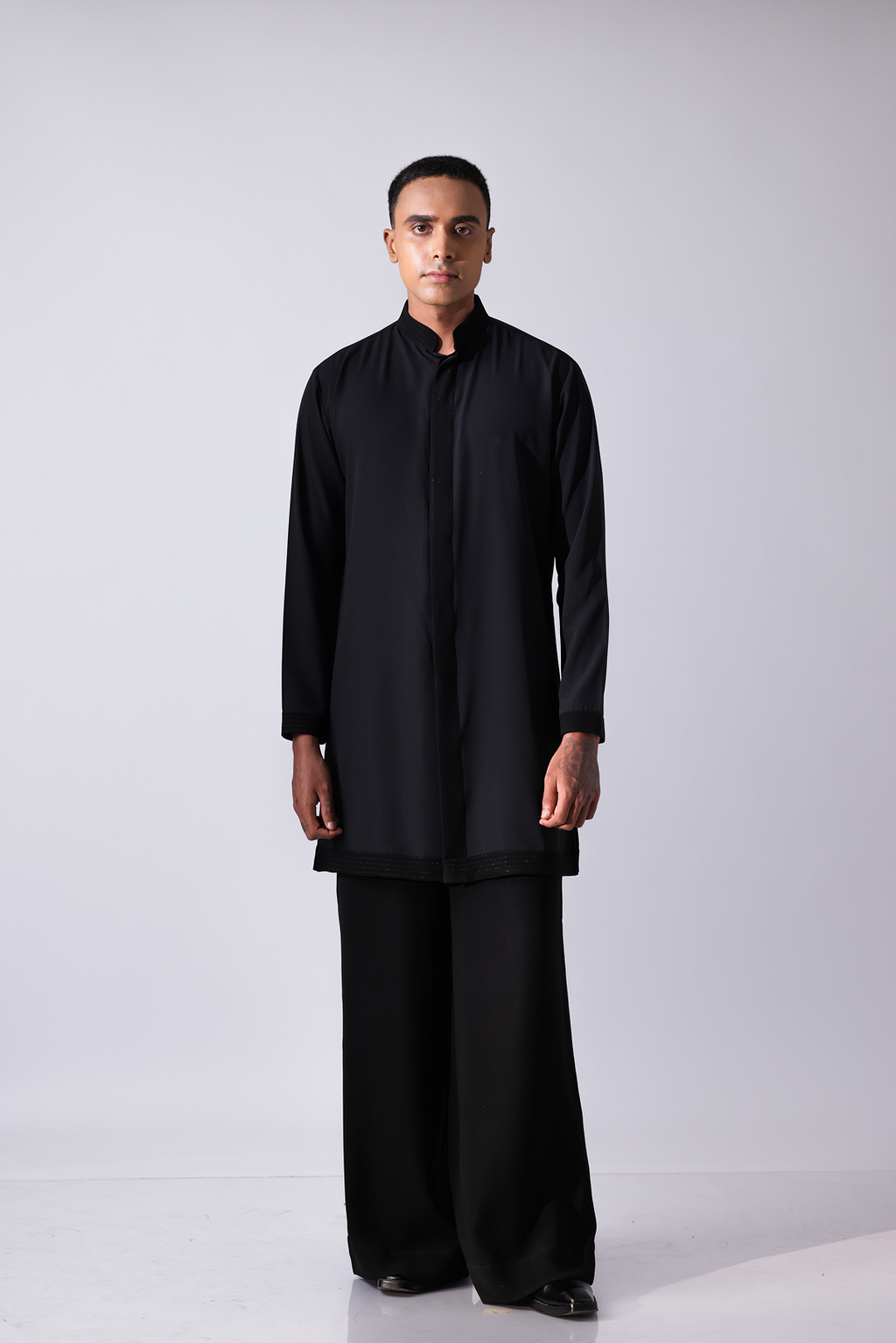 KURTA - Black sherwani style kurta with black stripe detailing