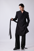 LONG COAT - Black overlap long coat with tonal embroidery and tie-up det