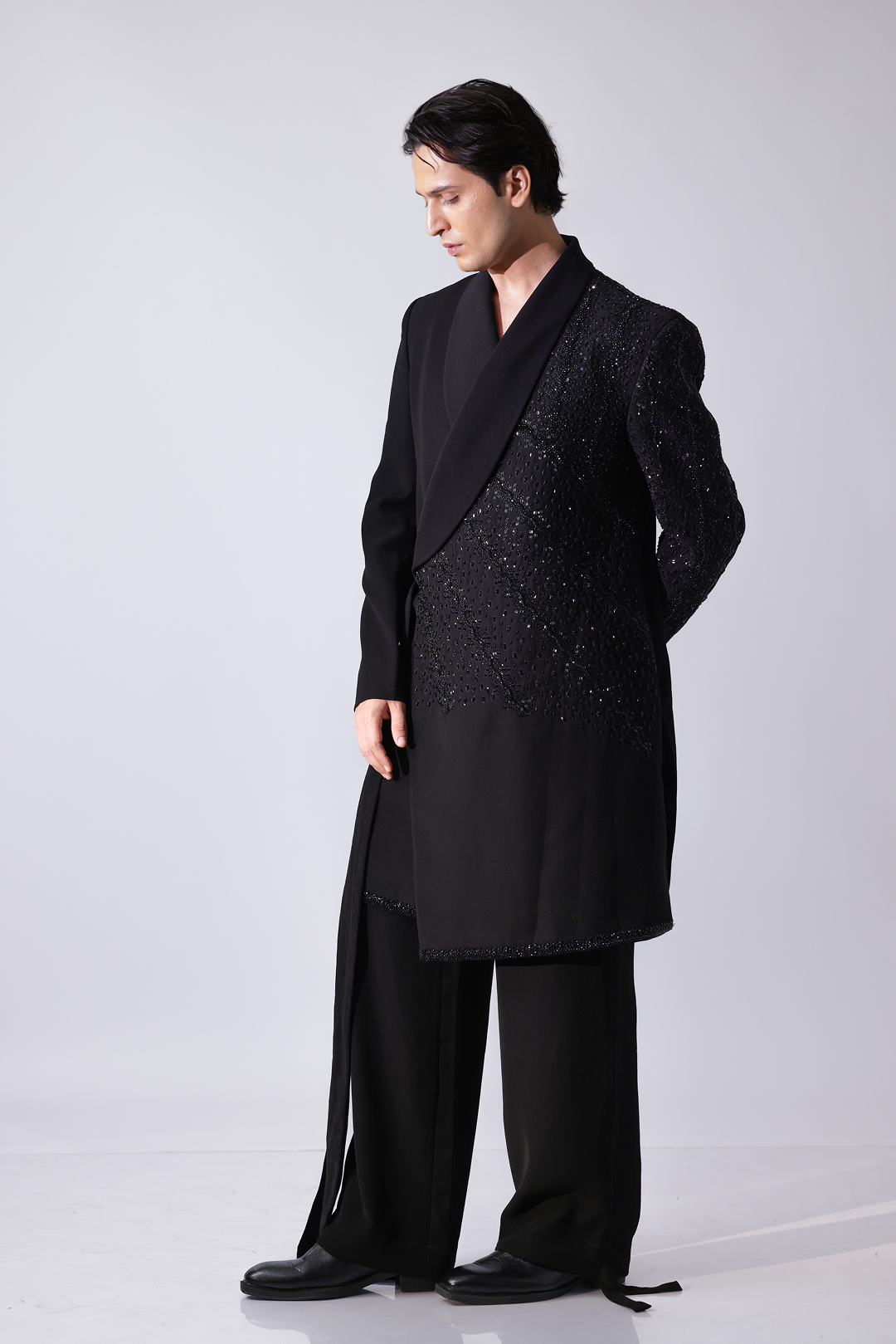 LONG COAT - Black overlap long coat with tonal embroidery and tie-up det