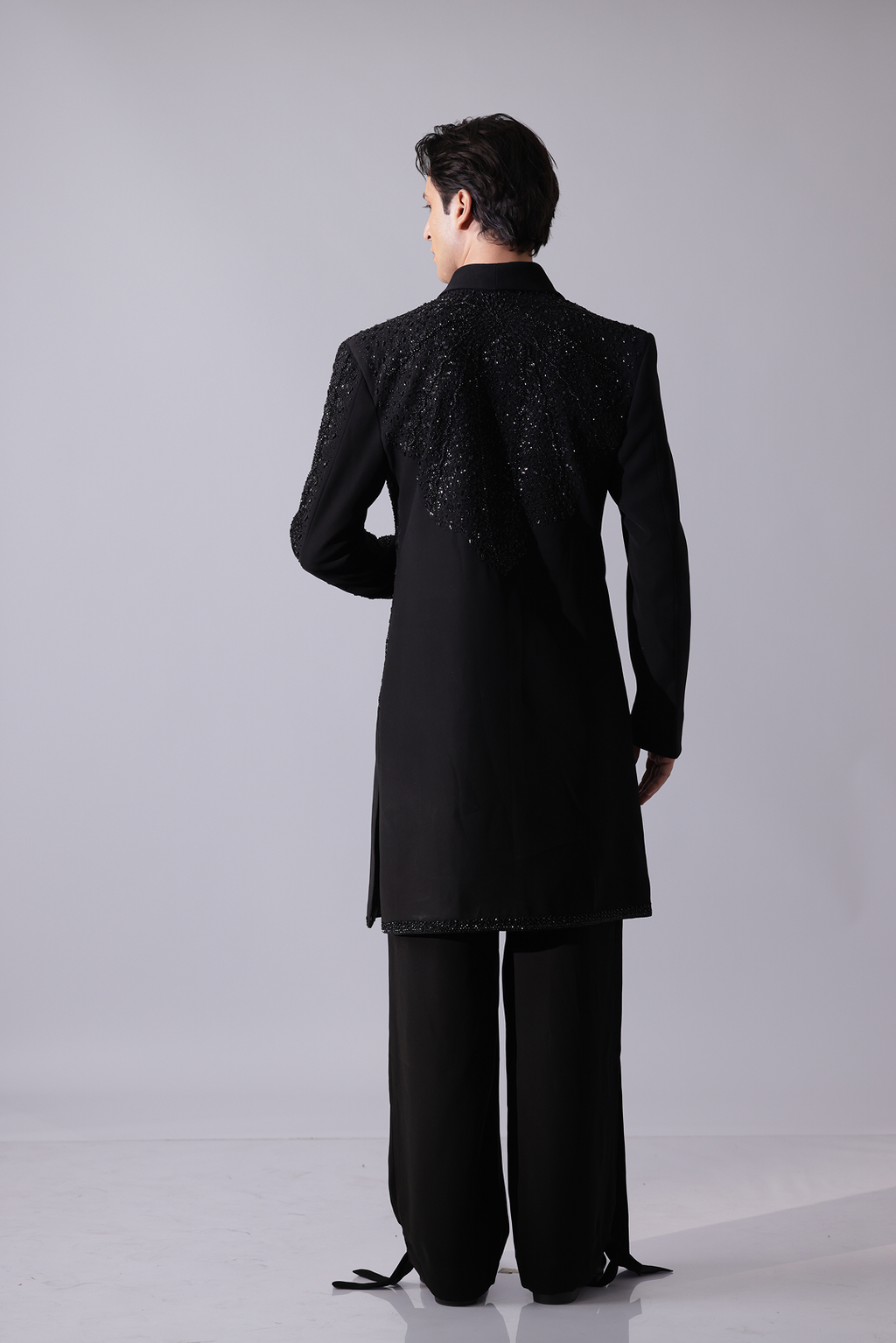 LONG COAT - Black overlap long coat with tonal embroidery and tie-up det