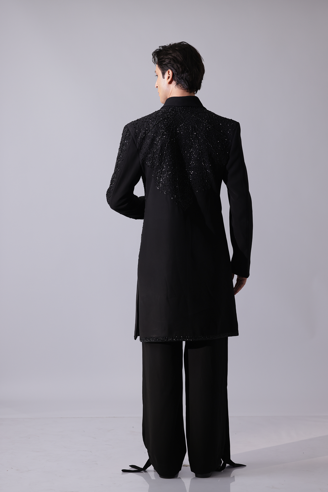LONG COAT - Black overlap long coat with tonal embroidery and tie-up det