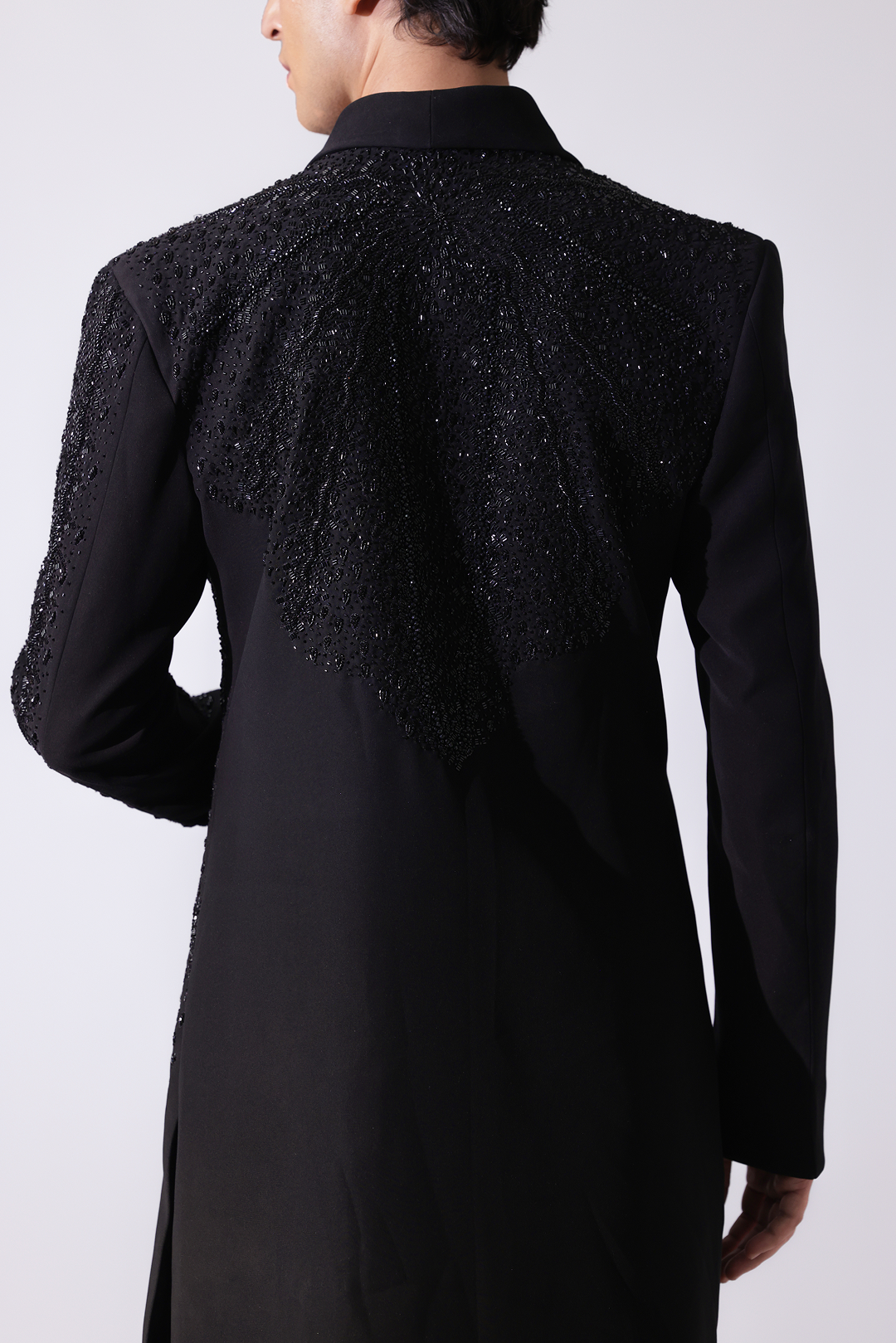 LONG COAT - Black overlap long coat with tonal embroidery and tie-up det