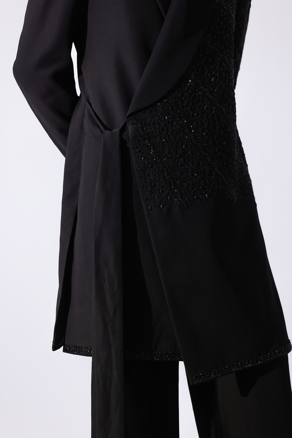 LONG COAT - Black overlap long coat with tonal embroidery and tie-up det