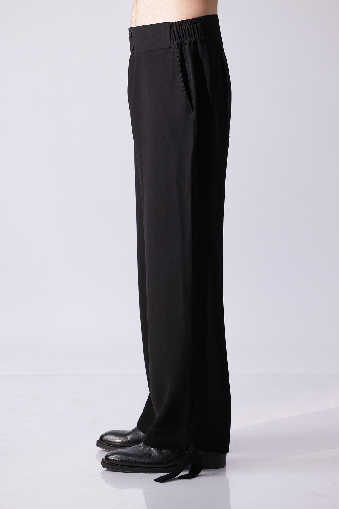 PANT - Black wide leg trousers with side buckle detailing