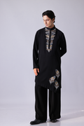 KURTA - Black asymetrical bottom hem kurta with fetaher embroidery
