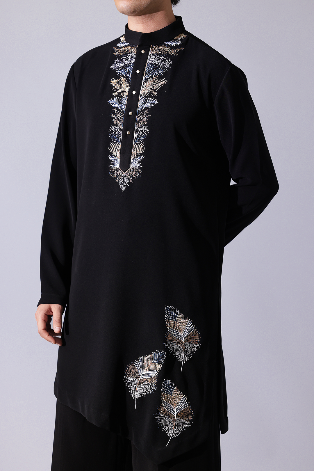KURTA - Black asymetrical bottom hem kurta with fetaher embroidery