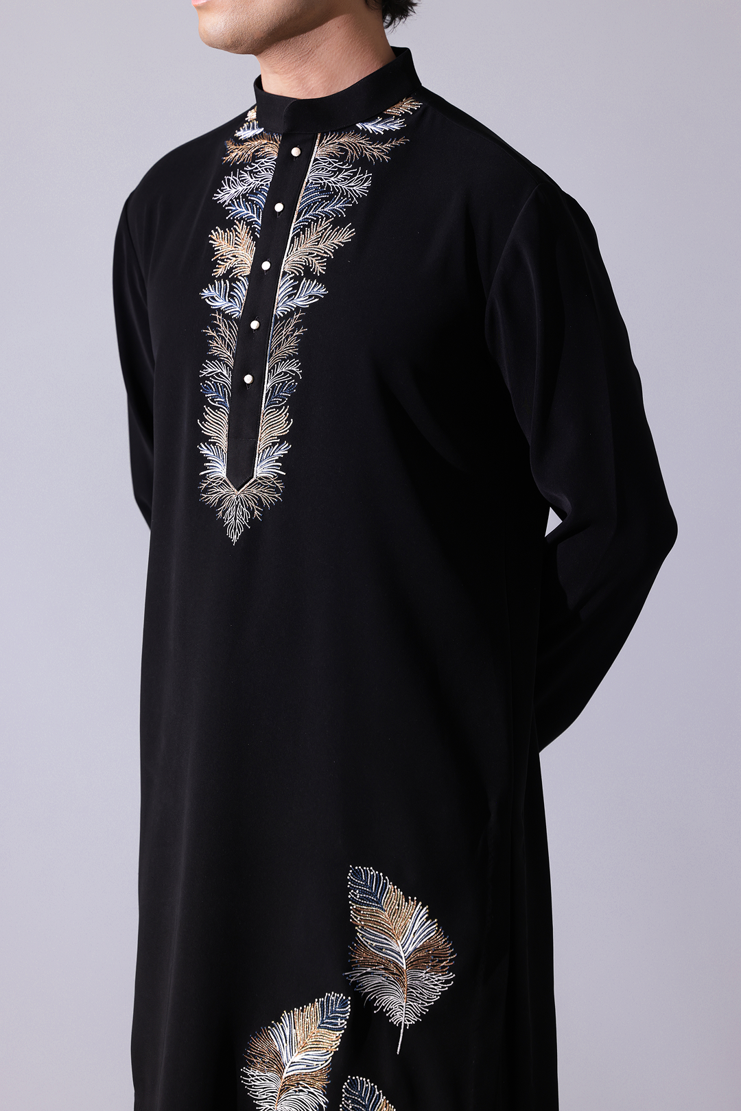 KURTA - Black asymetrical bottom hem kurta with fetaher embroidery