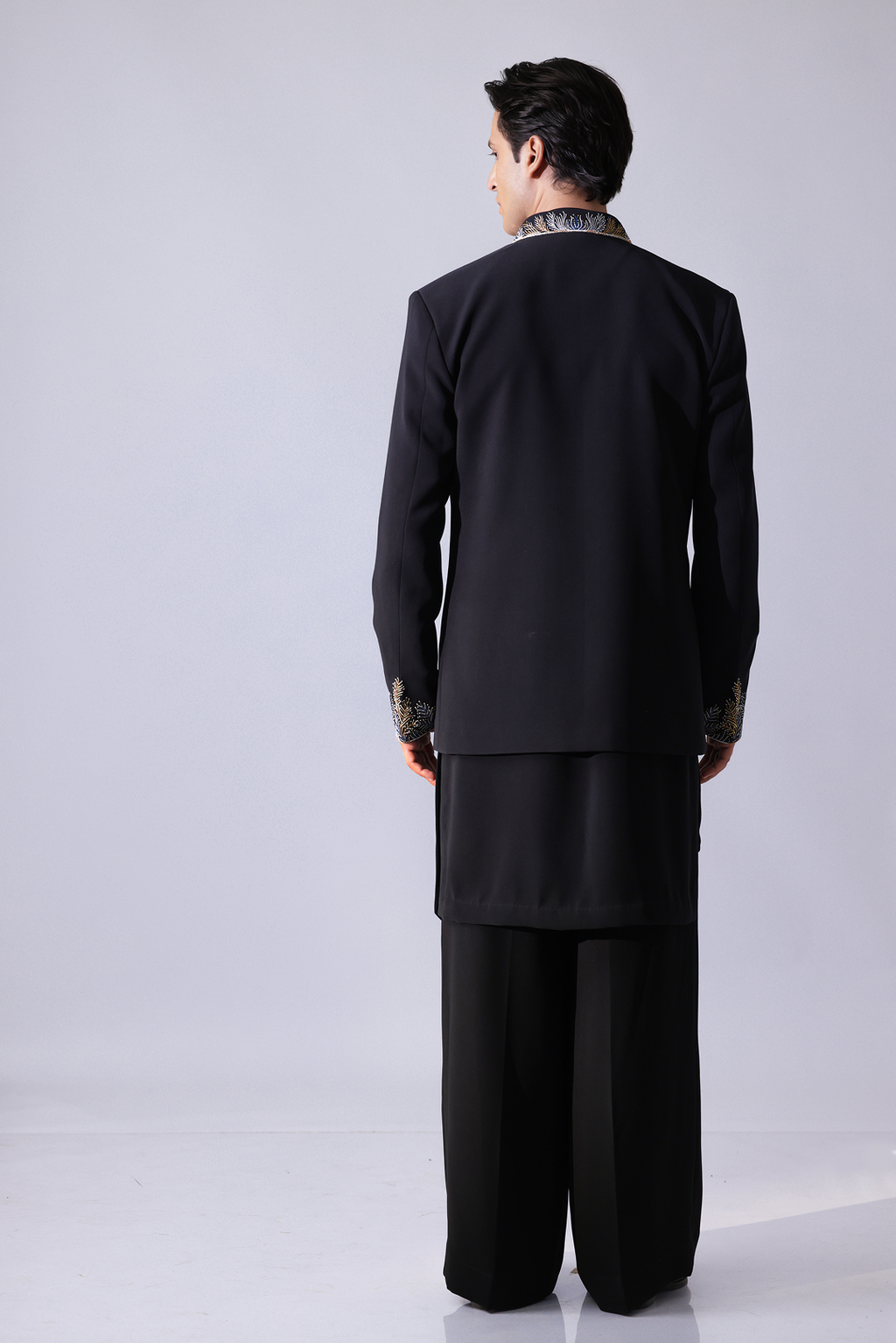 COAT - Black open style bandgala jacket with feather embroidery mot